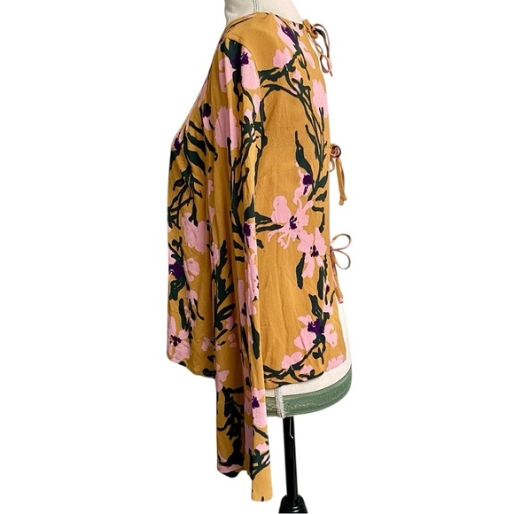 Marimekko Designer Mustard Floral Open Back Bell Sleeve Blouse XS - Picture 9 of 16